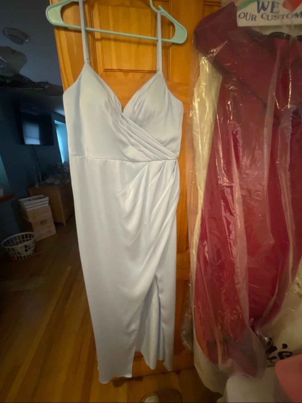 Azazie Pale Blue Spaghetti Strap Wrap Maxi Dress